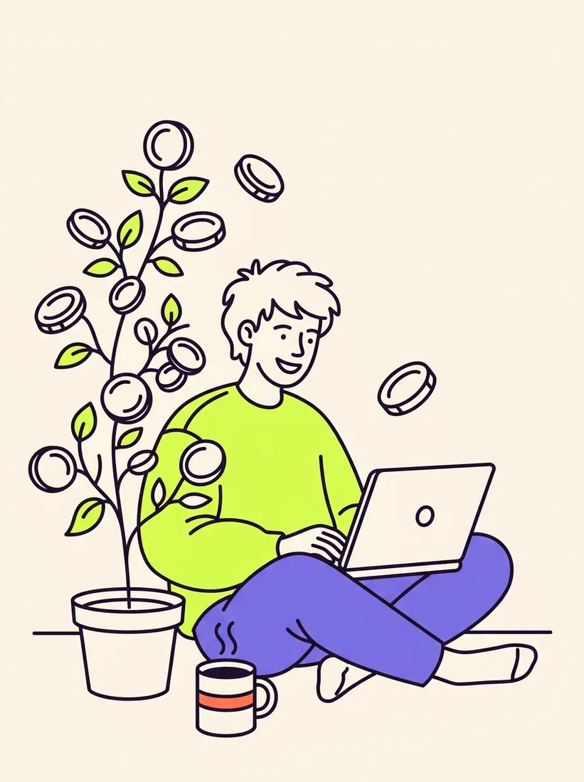 Illustration af en person, der planlægger sin økonomi roligt ved en bærbar computer